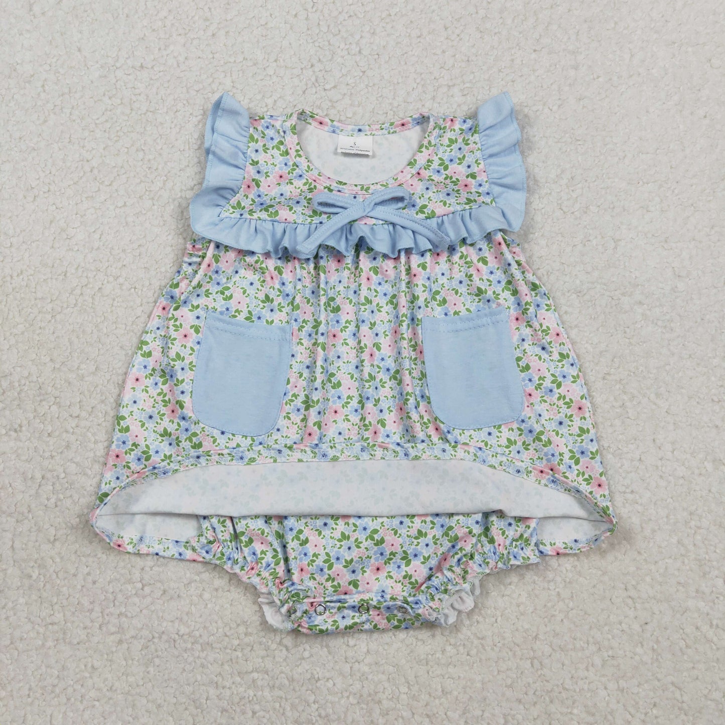 SR3752 Flower Pocket Blue Ruffle Sleeveless Girls Bubble Romper 202602 RTS