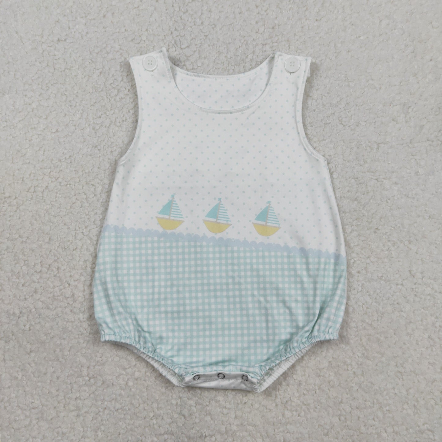 SR3754 Sailboat Dots Plaid Blue Green Sleeveless Boys Bubble Romper 202601 RTS