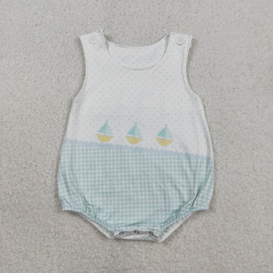 SR3754 Sailboat Dots Plaid Blue Green Sleeveless Boys Bubble Romper 202601 RTS