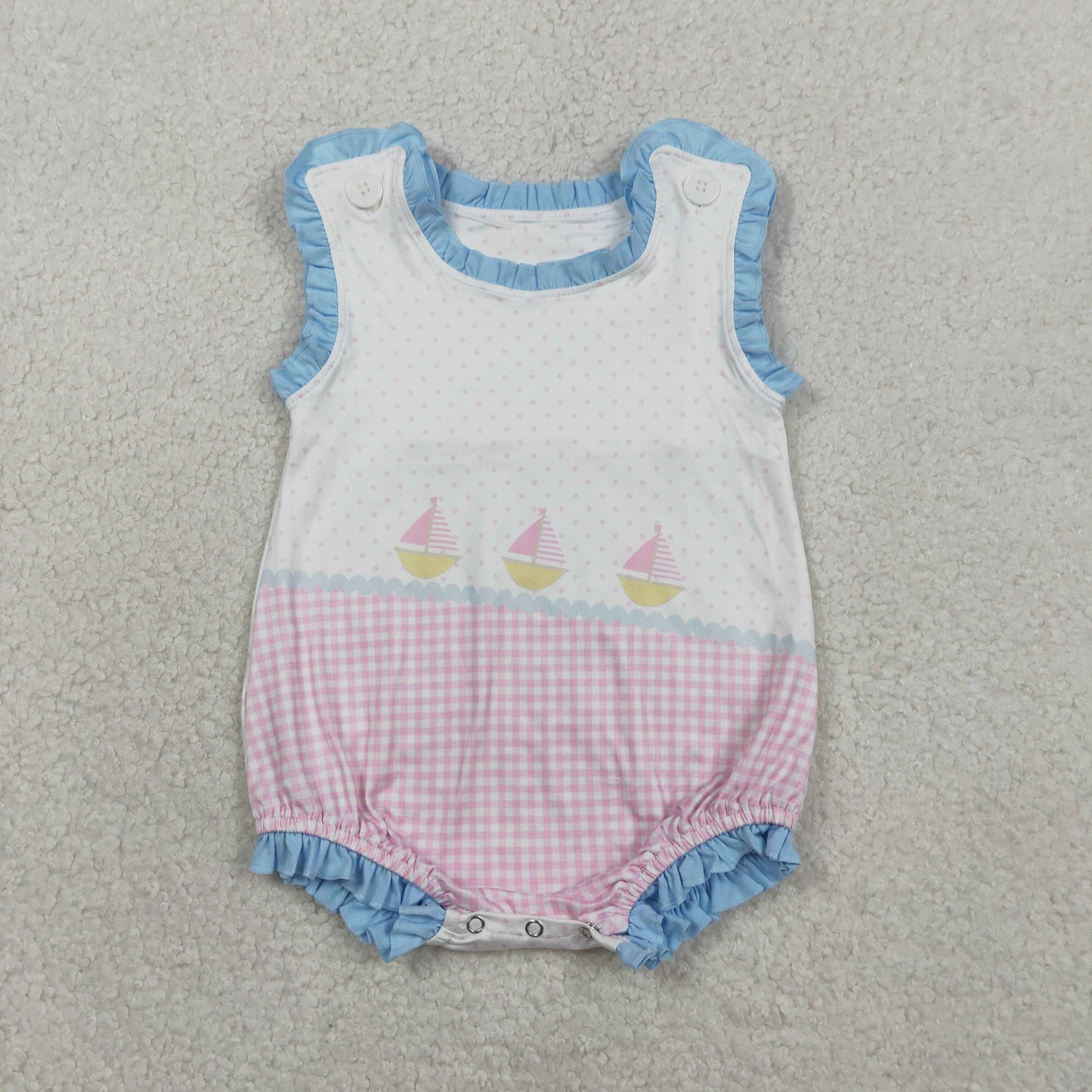 SR3755 Sailboat Dots Plaid Pink Ruffle Sleeveless Girls Bubble Romper 202601 RTS