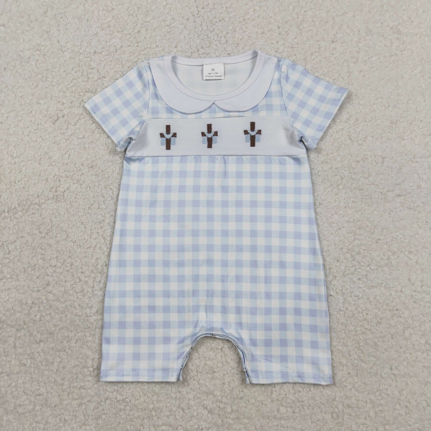SR3758 Easter Cross Doll Collar Blue Plaid Short Sleeve Boys Romper 202602 RTS