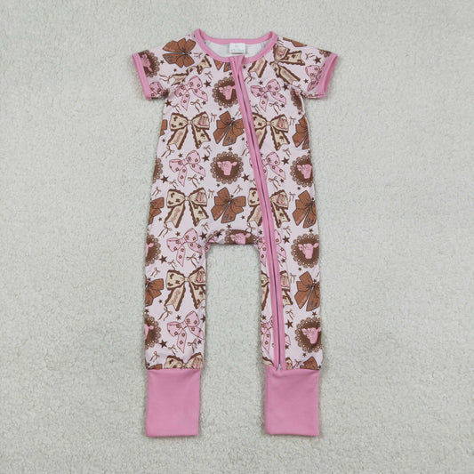 SR3763 Bows Star Pink Zip Short Sleeve Girls Romper 202601 RTS Sibling