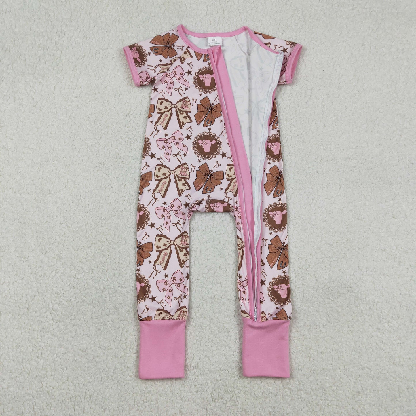 SR3763 Bows Star Pink Zip Short Sleeve Girls Romper 202601 RTS Sibling