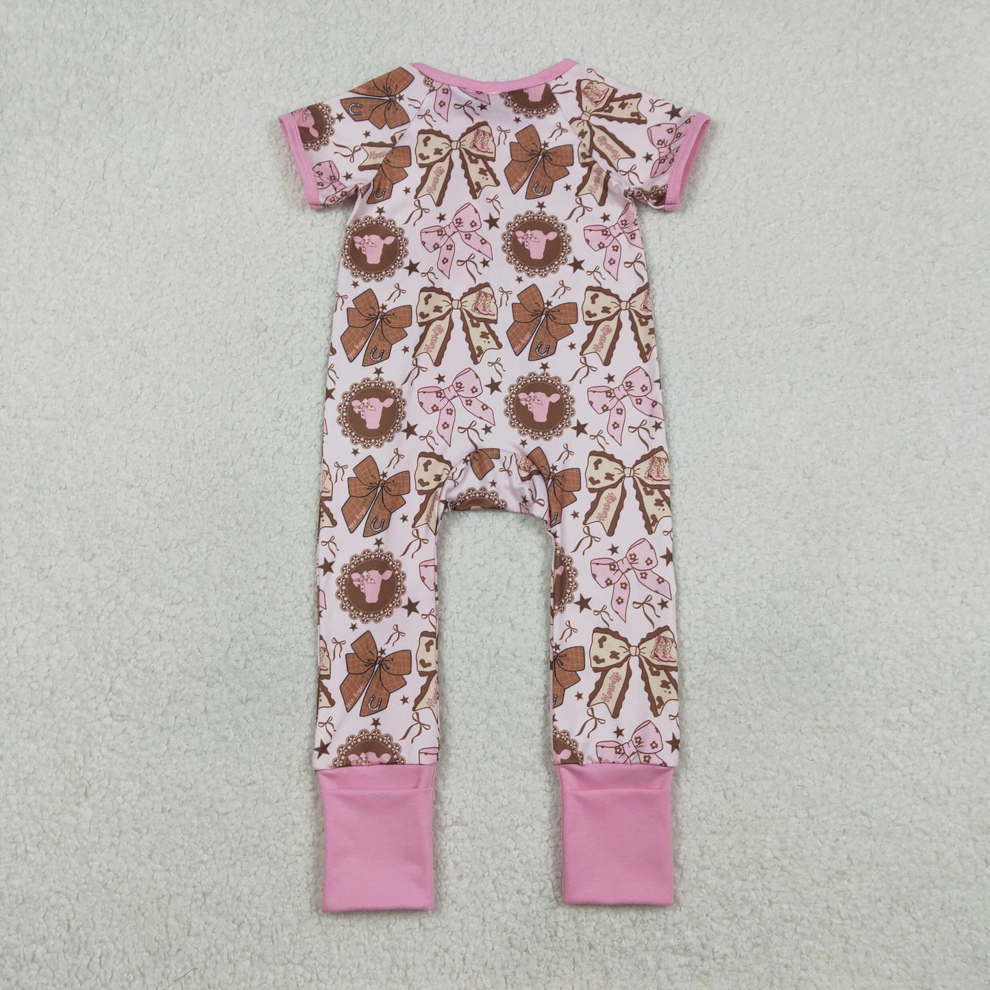 SR3763 Bows Star Pink Zip Short Sleeve Girls Romper 202601 RTS Sibling
