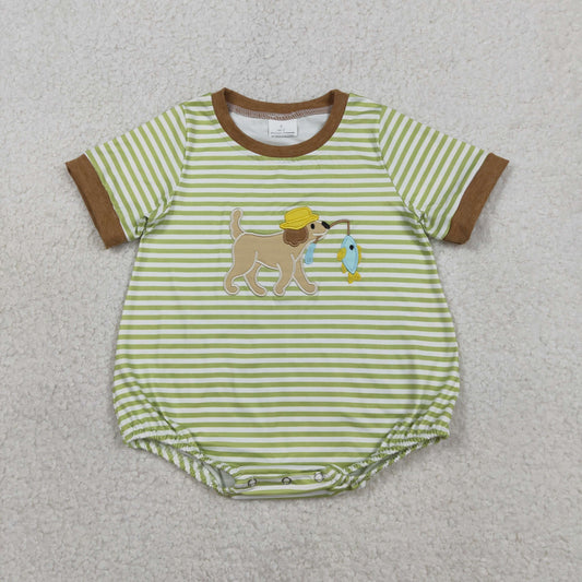 SR3765 Embroidered Puppy Fishing Hunting Green Stripe Brown O-Neck Short Sleeve Boys Bubble Romper 202601 RTS