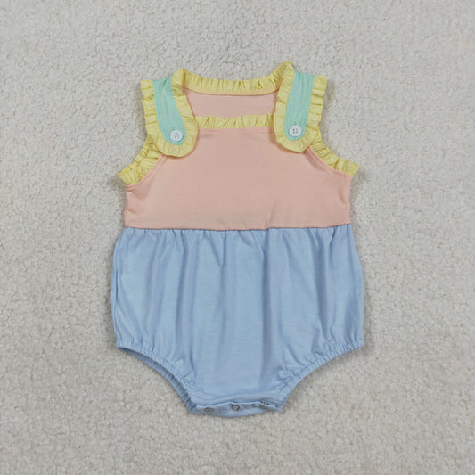 SR3772 Pink Blue Patchwork Yellow Ruffle Sleeveless Girls Bubble Romper 202603 RTS