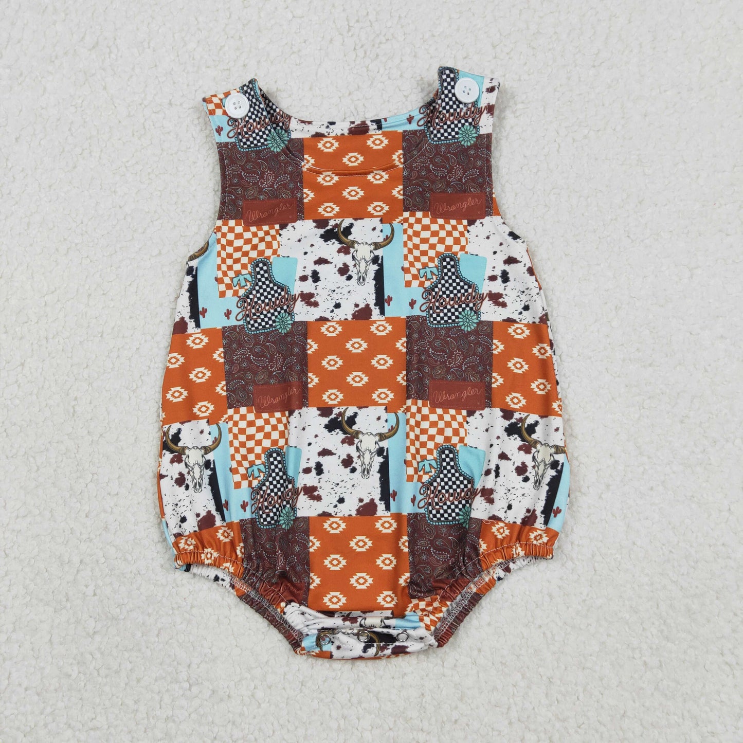 SR3773 Geometric Pattern Alpine Bull Head Plaid Orange Sleeveless Boys Bubble Romper 202601 RTS