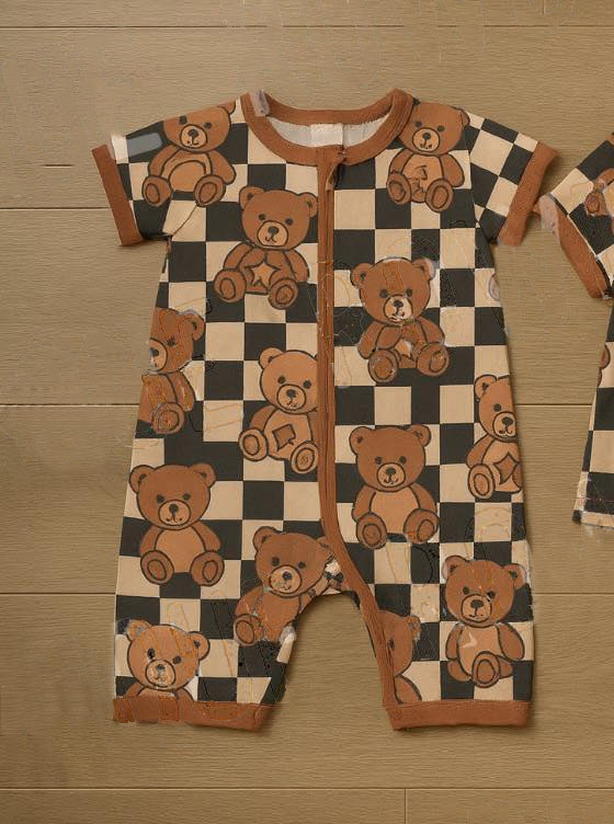 MOQ 5 PCS preorder SR3777 Bear Plaid Zip Short Sleeve Boys Romper 202512