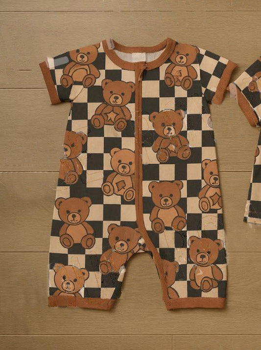 MOQ 5 PCS preorder SR3777 Bear Plaid Zip Short Sleeve Boys Romper 202512