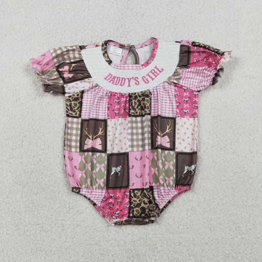 SR3778 Smocked DADDY'S GIRL Bows Camo Plaid Short Sleeve Girls Bubble Romper 202601 RTS