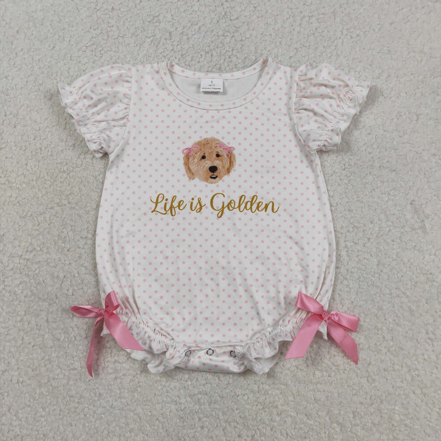 SR3779 Life is Golden Puppy Pink Polka Dot White Short Sleeve Girls Bubble Romper 202603 RTS