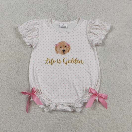 SR3779 Life is Golden Puppy Pink Polka Dot White Short Sleeve Girls Bubble Romper 202603 RTS
