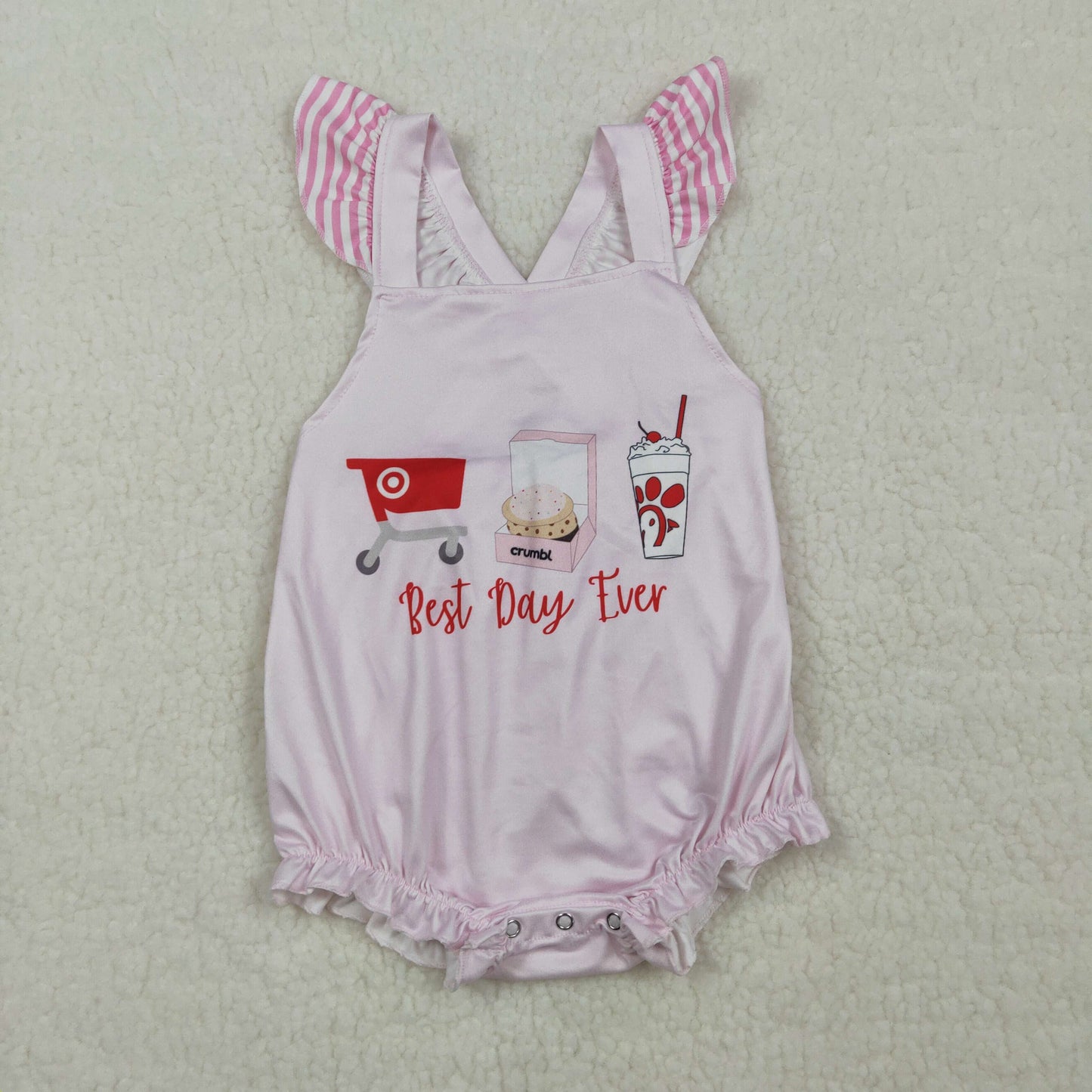 SR3780  Best Day Ever Stripe Ruffle Pink Flying Sleeve Girls Bubble Romper 202603 RTS