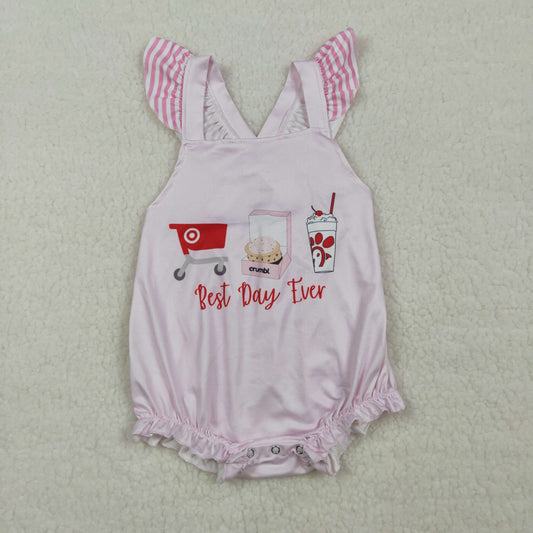 SR3780  Best Day Ever Stripe Ruffle Pink Flying Sleeve Girls Bubble Romper 202603 RTS