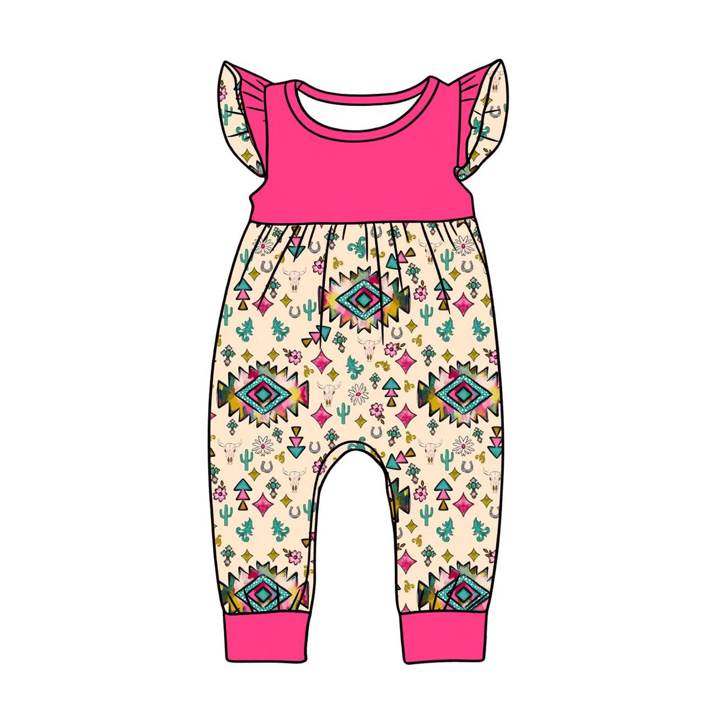 MOQ 5 PCS preorder SR3782 Geometric Cactus Rose Red Flying Sleeve Girls Romper 202512