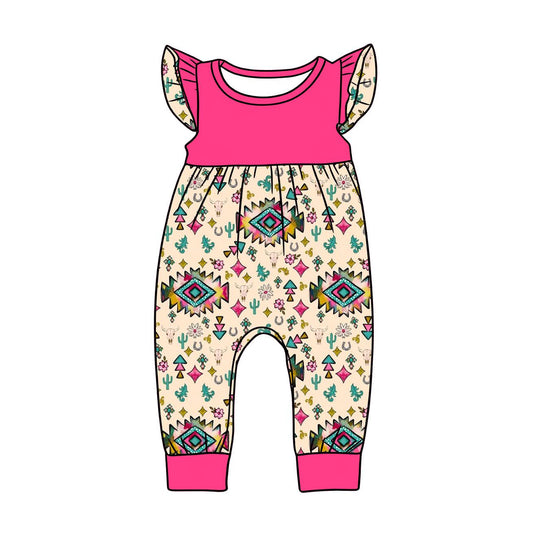 MOQ 5 PCS preorder SR3782 Geometric Cactus Rose Red Flying Sleeve Girls Romper 202512