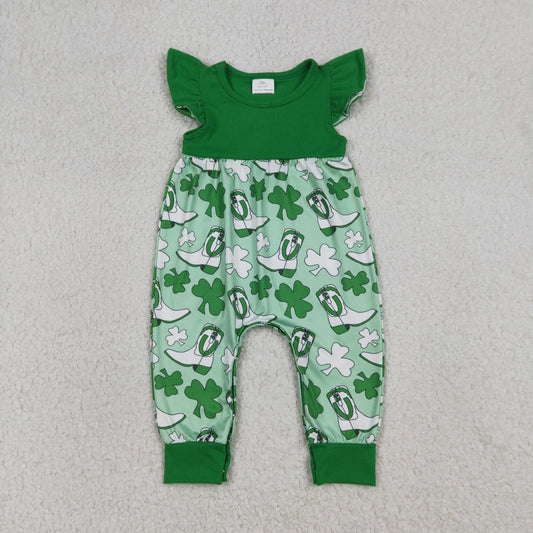 SR3783 St Patrick's Day Four-Leaf Clover Green Flying Sleeve Girls Romper 202601 RTS