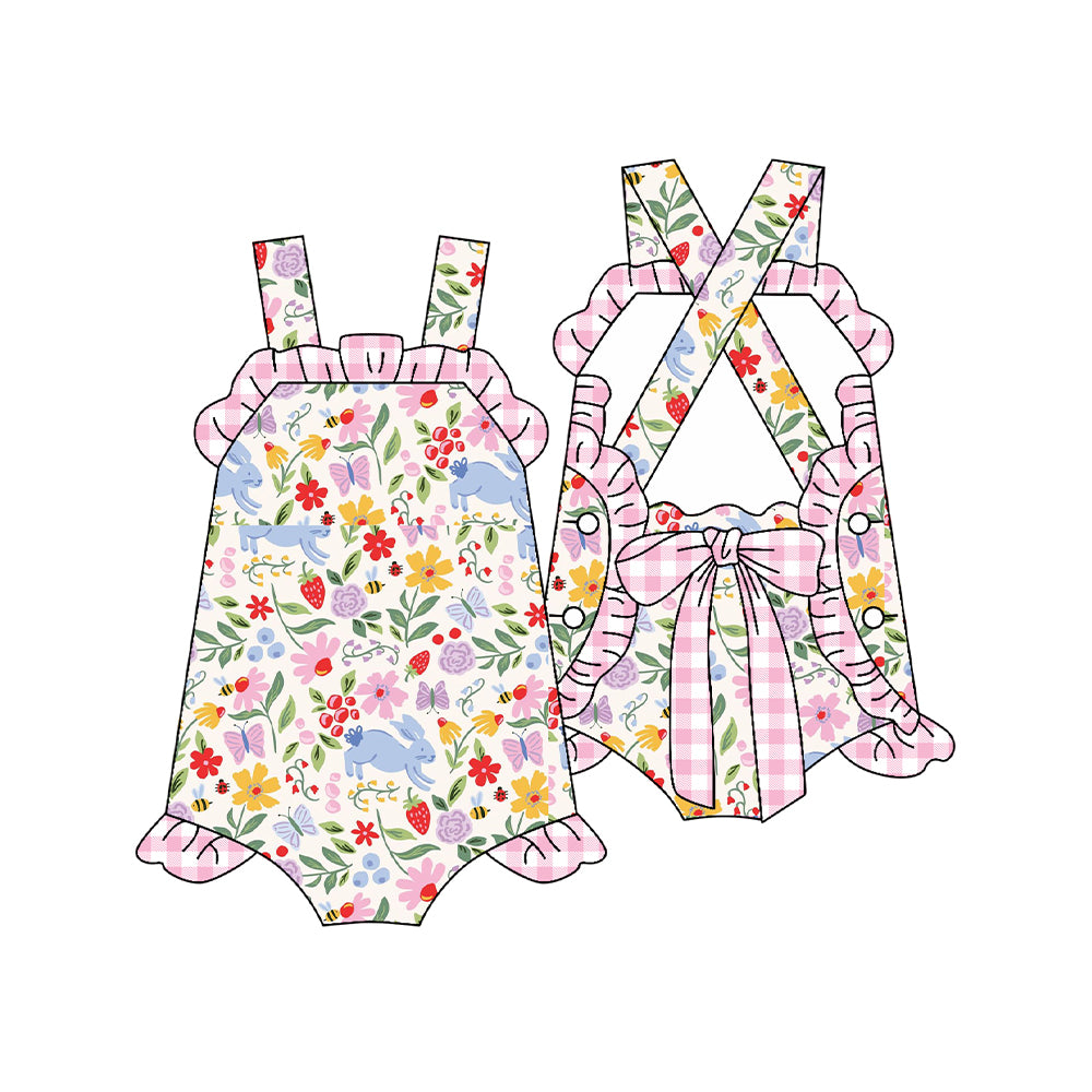 MOQ 5 PCS preorder SR3784 Easter Bunny Flower Pink Plaid Ruffle Sleeveless Girls Bubble Romper 202512
