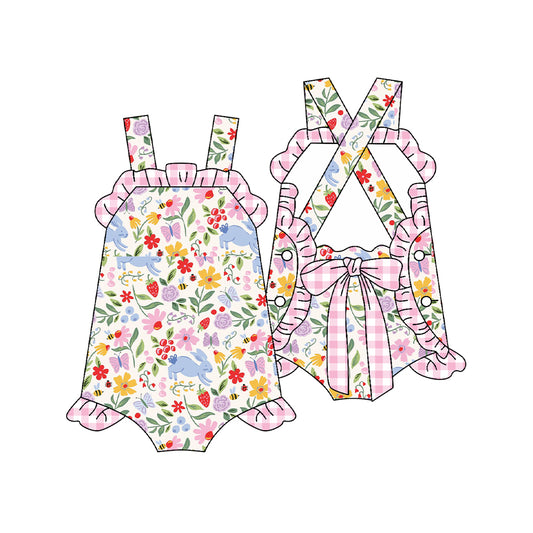 MOQ 5 PCS preorder SR3784 Easter Bunny Flower Pink Plaid Ruffle Sleeveless Girls Bubble Romper 202512