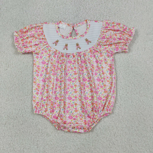SR3785 Smocked Easter Bunny Bows Floral Pink Short Sleeve Girls Bubble Romper 202604 RTS