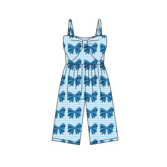 MOQ 5 PCS Preorder SR3786 Blue Bows Plaid Sleeveless Girls Overalls Jumpsuits 202512