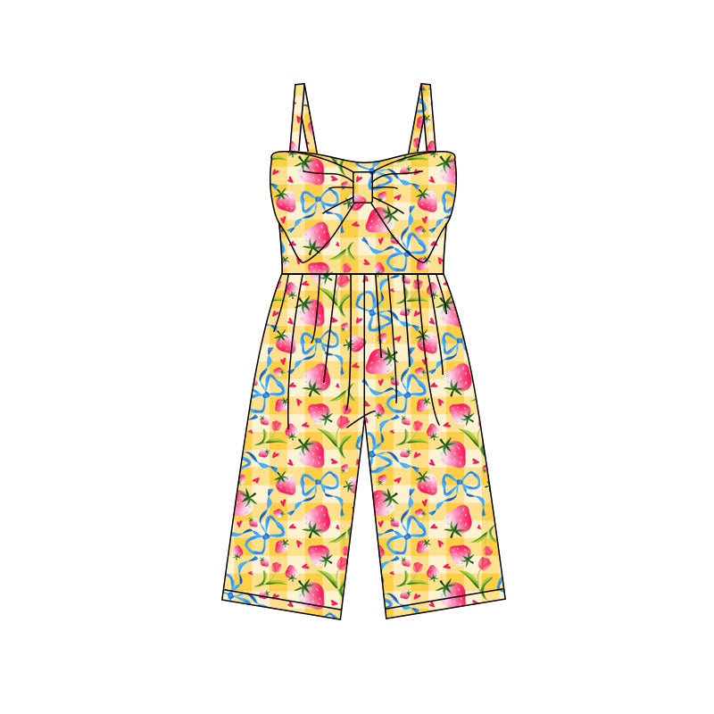 MOQ 5 PCS Preorder SR3787 Strawberry Bows Orange Plaid Sleeveless Girls Overalls Jumpsuits 202512