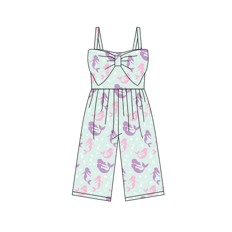 MOQ 5 PCS Preorder SR3791 Mermaid Pattern Light Green Sleeveless Girls Overalls Jumpsuits 202512