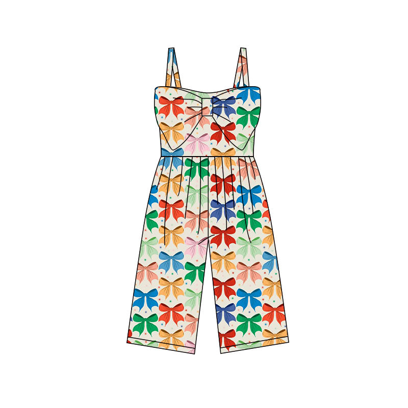 MOQ 5 PCS Preorder SR3792 Colored Bows Beige Sleeveless Girls Overalls Jumpsuits 202512