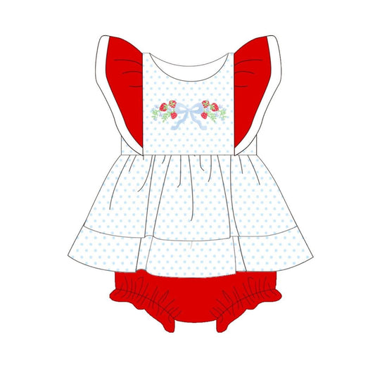 MOQ 5 PCS preorder SR3798 Strawberry Bow Dots Red Ruffle Flying Sleeve Girls Bubble Romper 202512