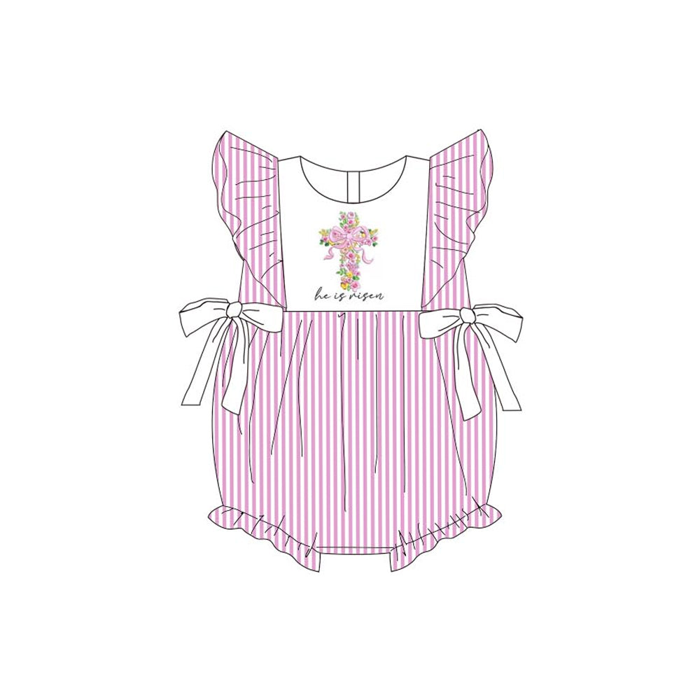 MOQ 5 PCS preorder SR3800 Easter Cross Flower Purple Pink Stripe Flying Sleeve Girls Bubble Romper 202512