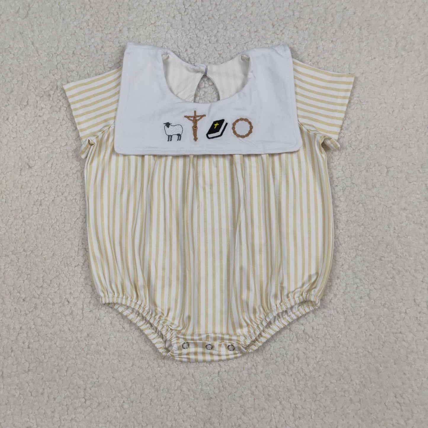 SR3802 Embroidered Easter Cross Khaki Stripe Short Sleeve Boys Bubble Romper 202603 RTS