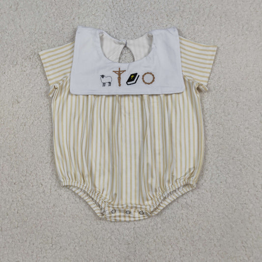 SR3802 Embroidered Easter Cross Khaki Stripe Short Sleeve Boys Bubble Romper 202603 RTS