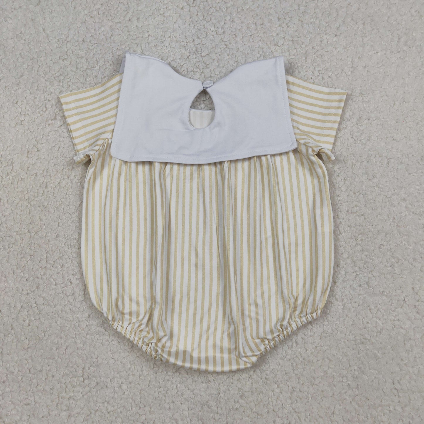 SR3802 Embroidered Easter Cross Khaki Stripe Short Sleeve Boys Bubble Romper 202603 RTS