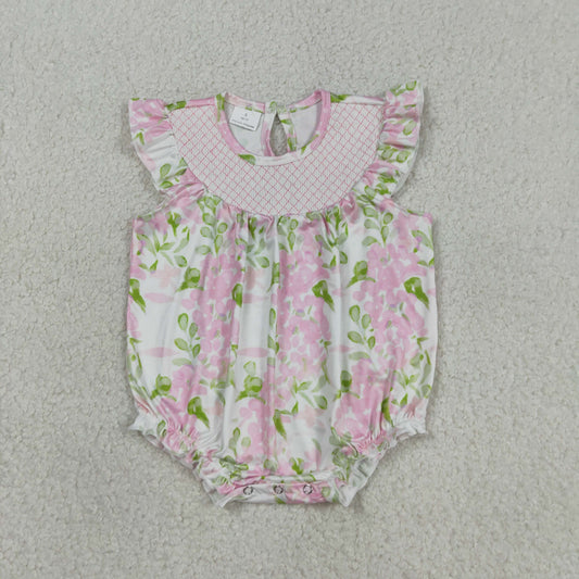 SR3805 Smocked Flower Leaf Pink White Flying Sleeve Girls Bubble Romper 202603 RTS