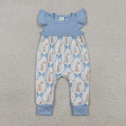 SR3806 Easter Bunny Bows Blue Flying Sleeve Girls Romper 202601 RTS