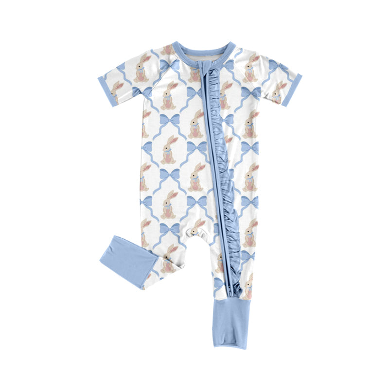 MOQ 5 PCS preorder SR3807 Easter Bunny Bows Blue Ruffle Zip Short Sleeve Girls Romper 202512