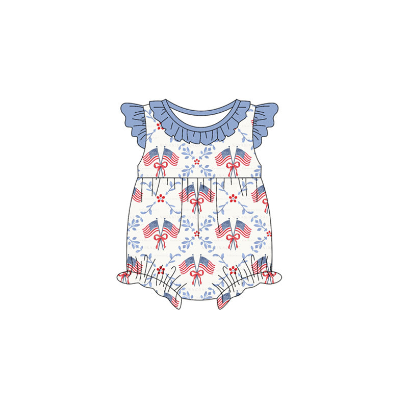 MOQ 5 PCS preorder SR3810 Flag Bows Blue Ruffle Flying Sleeve Girls Bubble Romper 202512