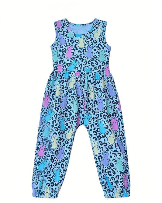 MOQ 5 PCS Preorder SR3811 Easter Bunny Leopard Blue Sleeveless Girls Overalls Jumpsuits 202512