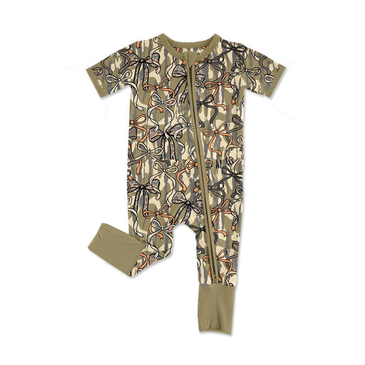MOQ 5 PCS preorder SR3814 Bows Pattern Camouflage Army Green Zip Short Sleeve Girls Romper 202512