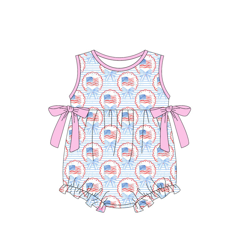 MOQ 5 PCS preorder SR3820 4th of July Flag Bows Ruffle Pink Sleeveless Girls Bubble Romper 202512
