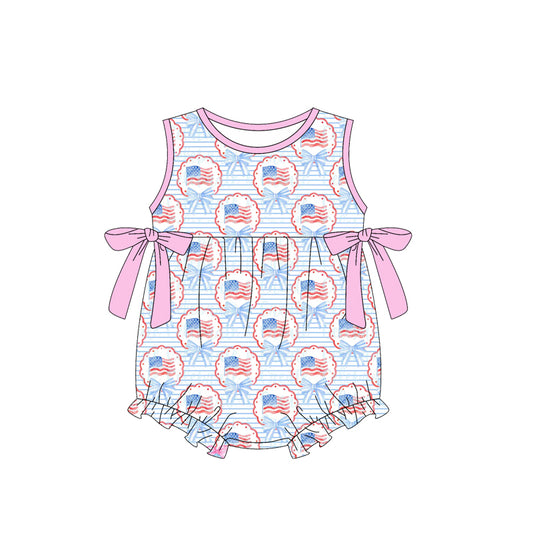 MOQ 5 PCS preorder SR3820 4th of July Flag Bows Ruffle Pink Sleeveless Girls Bubble Romper 202512