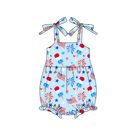 MOQ 5 PCS preorder SR3821 4th of July Fireworks Flag Ice Cream Blue Sleeveless Girls Bubble Romper 202512