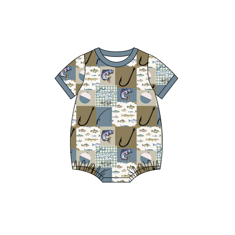 MOQ 5 PCS preorder SR3823 DADDY'S BOY Fishing Pattern Plaid Short Sleeve Boys Bubble Romper 202512