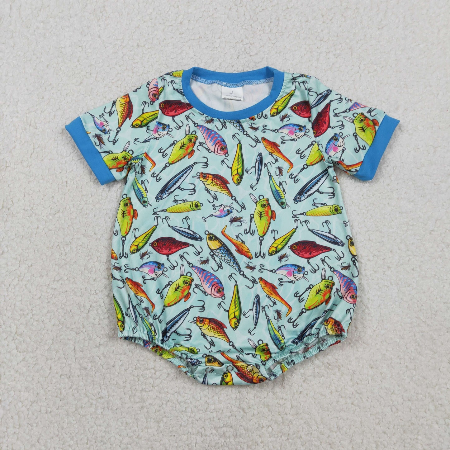 SR3824 Fishing Pattern Blue Green Short Sleeve Boys Bubble Romper 202602 RTS