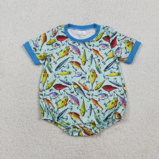 SR3824 Fishing Pattern Blue Green Short Sleeve Boys Bubble Romper 202602 RTS