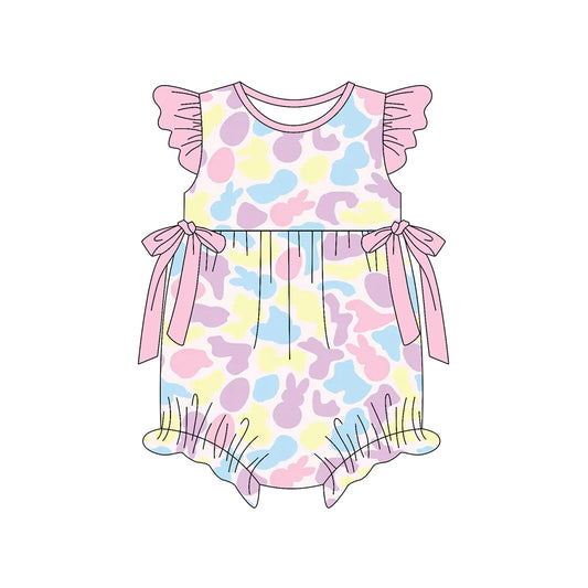 MOQ 5 PCS preorder SR3830 Easter Colored Camouflage Bunny Eggs Pink Flying Sleeve Girls Bubble Romper 202512