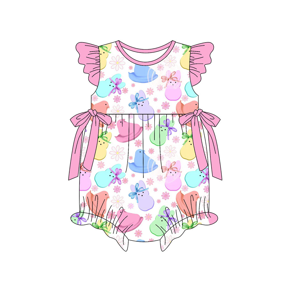 MOQ 5 PCS preorder SR3831 Easter Colored Chick Bunny Flower Pink Flying Sleeve Girls Bubble Romper 202512