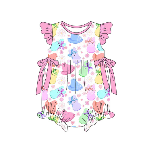 MOQ 5 PCS preorder SR3831 Easter Colored Chick Bunny Flower Pink Flying Sleeve Girls Bubble Romper 202512