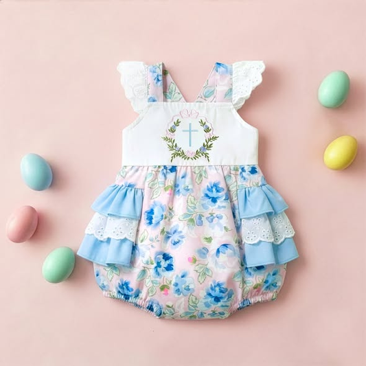 MOQ 5 PCS preorder SR3832 Easter Flower Cross Blue White Lace Ruffle Flying Sleeve Girls Bubble Romper 202512