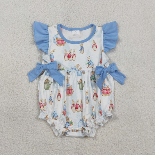 SR3833 Easter Bunny Bows Blue Flying Sleeve Girls Bubble Romper 202601 RTS